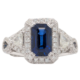 18K White Gold 2.12CT Emerald Cut Blue Sapphire Ring with Trillian Diamonds